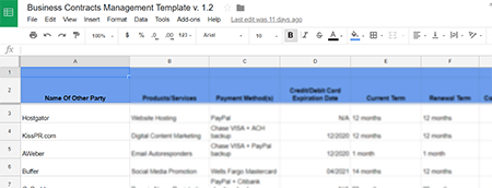 business contracts management spreadsheet